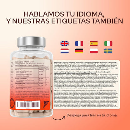 Vitamina C 1000 Mg - Vitamina C Natural - Con Flavonoides De Fruta Cítrica Y Acerola - Por Dosis Diaria (2 Cápsulas) - 180 Cápsulas De Vitamina C Pura Altamente Concentrada- Vegano Y Sin Gluten