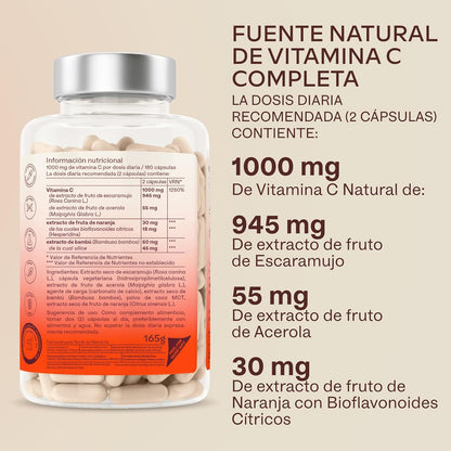 Vitamina C 1000 Mg - Vitamina C Natural - Con Flavonoides De Fruta Cítrica Y Acerola - Por Dosis Diaria (2 Cápsulas) - 180 Cápsulas De Vitamina C Pura Altamente Concentrada- Vegano Y Sin Gluten